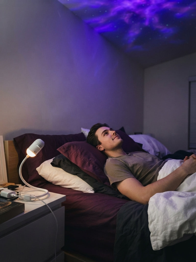 A person lying in bed looking up at a bedroom ceiling covered in swirling galaxy and nebula light projections.